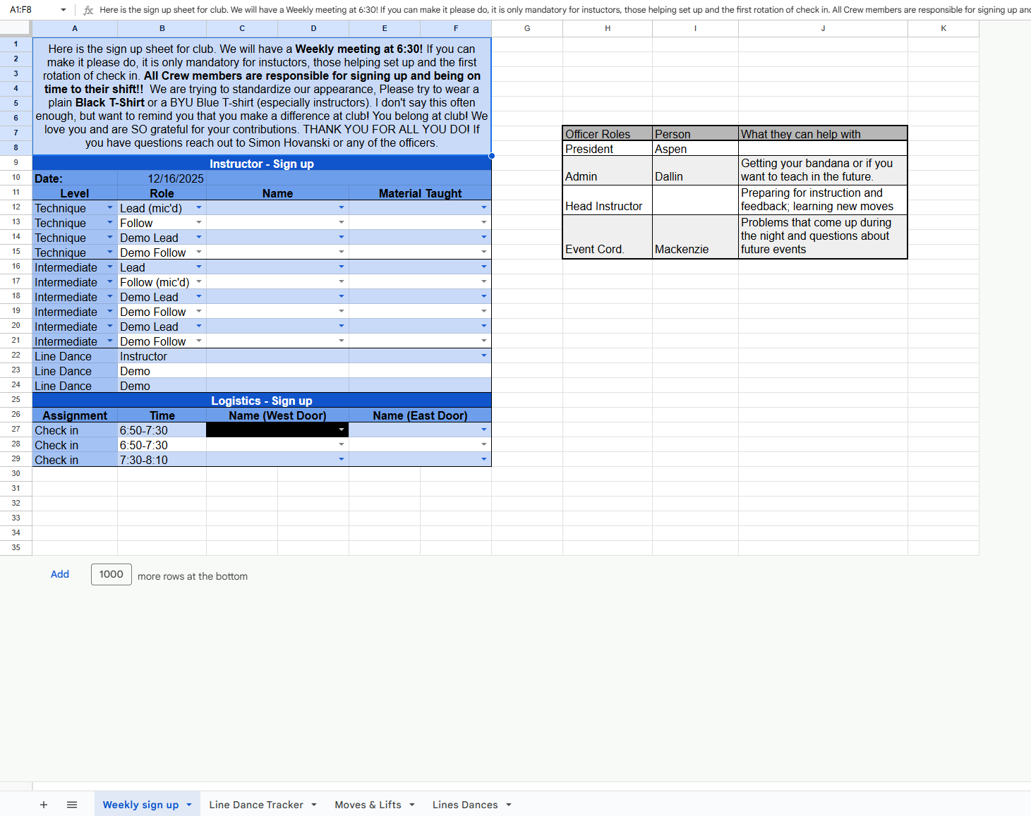 BYU Country Swing Sign Up Spreadsheet User Interface